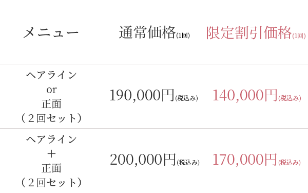 アートメイクヘアラインの料金表